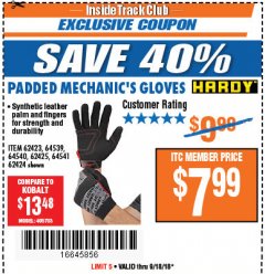 Harbor Freight ITC Coupon PADDED MECHANICS GLOVES Lot No. 62424/62423/62425 Expired: 9/18/18 - $7.99