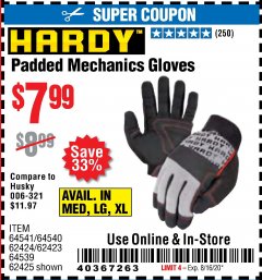 Harbor Freight Coupon PADDED MECHANICS GLOVES Lot No. 62424/62423/62425 Expired: 8/16/20 - $7.99