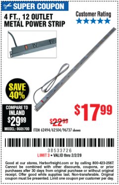 Harbor Freight Coupon 4 FT. 12 OUTLET METAL POWER STRIP Lot No. 96737/62494/62504/61597 Expired: 2/2/20 - $17.99