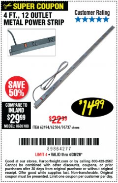 Harbor Freight Coupon 4 FT. 12 OUTLET METAL POWER STRIP Lot No. 96737/62494/62504/61597 Expired: 6/30/20 - $14.99