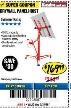 Harbor Freight Coupon 150 LB. CAPACITY DRYWALL/PANEL HOIST Lot No. 62484/69377 Expired: 5/31/18 - $169.99