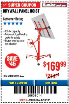 Harbor Freight Coupon 150 LB. CAPACITY DRYWALL/PANEL HOIST Lot No. 62484/69377 Expired: 6/10/18 - $169.99