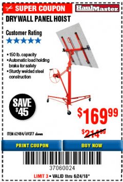 Harbor Freight Coupon 150 LB. CAPACITY DRYWALL/PANEL HOIST Lot No. 62484/69377 Expired: 6/24/18 - $169.99
