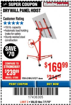 Harbor Freight Coupon 150 LB. CAPACITY DRYWALL/PANEL HOIST Lot No. 62484/69377 Expired: 7/1/18 - $169.99