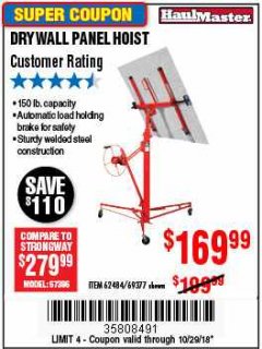 Harbor Freight Coupon 150 LB. CAPACITY DRYWALL/PANEL HOIST Lot No. 62484/69377 Expired: 10/29/18 - $169.99