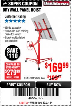 Harbor Freight Coupon 150 LB. CAPACITY DRYWALL/PANEL HOIST Lot No. 62484/69377 Expired: 12/2/18 - $169.99