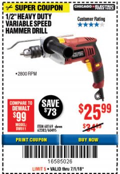 Harbor Freight Coupon 1/2" HEAVY DUTY HAMMER DRILL Lot No. 62383/60495/68169 Expired: 7/1/18 - $25.99