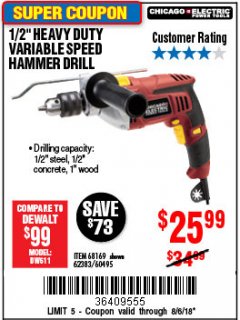 Harbor Freight Coupon 1/2" HEAVY DUTY HAMMER DRILL Lot No. 62383/60495/68169 Expired: 8/6/18 - $25.99