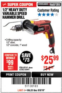 Harbor Freight Coupon 1/2" HEAVY DUTY HAMMER DRILL Lot No. 62383/60495/68169 Expired: 9/9/18 - $25.99