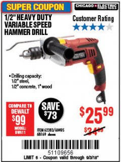 Harbor Freight Coupon 1/2" HEAVY DUTY HAMMER DRILL Lot No. 62383/60495/68169 Expired: 9/3/18 - $25.99