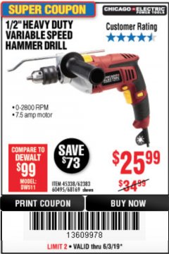 Harbor Freight Coupon 1/2" HEAVY DUTY HAMMER DRILL Lot No. 62383/60495/68169 Expired: 6/30/19 - $25.99