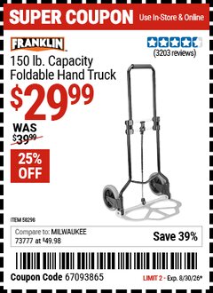 Harbor Freight Coupon FRANKLIN 150 LB. CAPACITY FOLDABLE HAND TRUCK Lot No. 58298 Valid Thru: 8/30/26 - $29.99