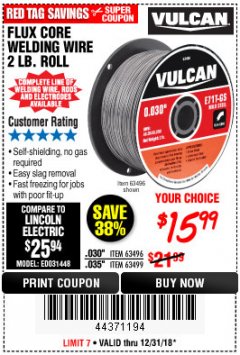 Harbor Freight Coupon FLUX CORE WELDING WIRE 2 LB. ROLL Lot No. 62544/42913/44877/62545 Expired: 12/31/18 - $15.99