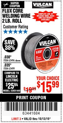 Harbor Freight Coupon FLUX CORE WELDING WIRE 2 LB. ROLL Lot No. 62544/42913/44877/62545 Expired: 10/13/19 - $15.99