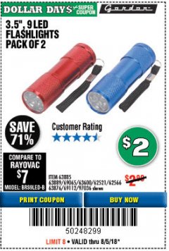 Harbor Freight Coupon 3.5", 9 LED FLASHLIGHTS PACK OF 2 Lot No. 69065/69112/62521/62566/97036 Expired: 8/5/18 - $2