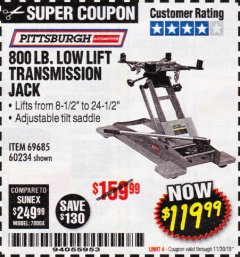 Harbor Freight Coupon 800 LB. CAPACITY LOW LIFT TRANSMISSION JACK Lot No. 69685/60234 Expired: 11/30/18 - $119.99