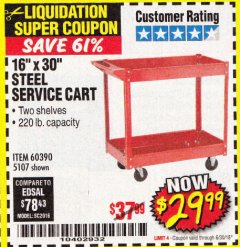 Harbor Freight Coupon 16" x 30" TWO SHELF STEEL SERVICE CART Lot No. 5107/60390 Expired: 6/30/18 - $29.99