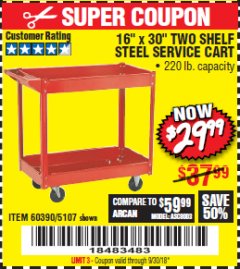 Harbor Freight Coupon 16" x 30" TWO SHELF STEEL SERVICE CART Lot No. 5107/60390 Expired: 9/30/18 - $29.99