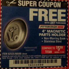 Harbor Freight FREE Coupon 4" MAGNETIC PARTS HOLDER Lot No. 62535/90566 Expired: 1/4/19 - FWP