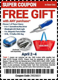 Harbor Freight Free Coupon PITTSBURGH AUTOMOTIVE 4 IN. MAGNETIC PARTS HOLDER Lot No. 90566/62535 Valid Thru: 4/4/26 - FWP