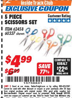 Harbor Freight ITC Coupon 5 PIECE SCISSORS SET Lot No. 62458/60337 Expired: 5/31/18 - $4.99