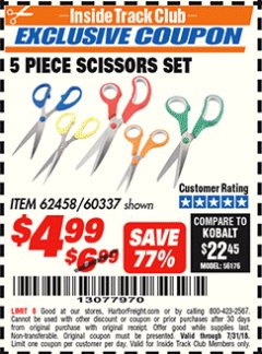 Harbor Freight ITC Coupon 5 PIECE SCISSORS SET Lot No. 62458/60337 Expired: 7/31/18 - $4.99