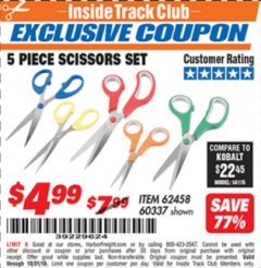 Harbor Freight ITC Coupon 5 PIECE SCISSORS SET Lot No. 62458/60337 Expired: 10/31/18 - $4.99