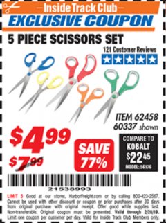 Harbor Freight ITC Coupon 5 PIECE SCISSORS SET Lot No. 62458/60337 Expired: 2/28/19 - $4.99