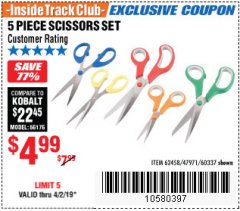 Harbor Freight ITC Coupon 5 PIECE SCISSORS SET Lot No. 62458/60337 Expired: 4/2/19 - $4.99