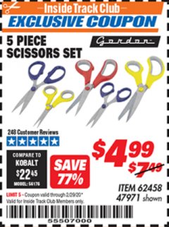 Harbor Freight ITC Coupon 5 PIECE SCISSORS SET Lot No. 62458/60337 Expired: 2/29/20 - $4.99