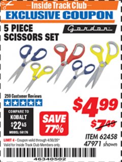 Harbor Freight ITC Coupon 5 PIECE SCISSORS SET Lot No. 62458/60337 Expired: 4/30/20 - $4.99