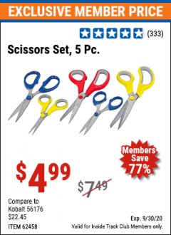 Harbor Freight ITC Coupon 5 PIECE SCISSORS SET Lot No. 62458/60337 Expired: 9/30/20 - $4.99