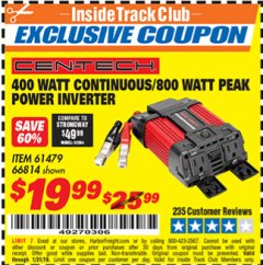 Harbor Freight ITC Coupon 400 WATT CONTINUOUS/800 WATT PEAK POWER INVERTER Lot No. 66814/61479 Expired: 1/31/19 - $19.99