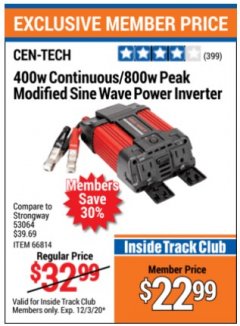 Harbor Freight Coupon 400 WATT CONTINUOUS/800 WATT PEAK POWER INVERTER Lot No. 66814/61479 Expired: 12/3/20 - $22.99