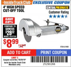 Harbor Freight ITC Coupon 4" HIGH SPEED AIR CUT-OFF TOOL Lot No. 61480 Expired: 10/29/19 - $8.99