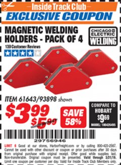 Harbor Freight ITC Coupon 4 PIECE MAGNETIC WELDING HOLDERS Lot No. 61643/93898 Expired: 3/31/19 - $3.99
