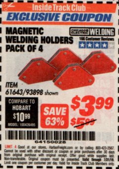 Harbor Freight ITC Coupon 4 PIECE MAGNETIC WELDING HOLDERS Lot No. 61643/93898 Expired: 7/31/19 - $3.99