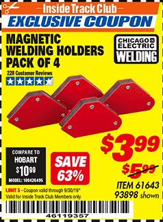 Harbor Freight ITC Coupon 4 PIECE MAGNETIC WELDING HOLDERS Lot No. 61643/93898 Expired: 9/30/19 - $3.99