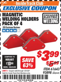 Harbor Freight ITC Coupon 4 PIECE MAGNETIC WELDING HOLDERS Lot No. 61643/93898 Expired: 1/31/20 - $3.99