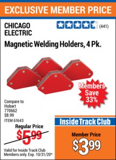 Harbor Freight ITC Coupon 4 PIECE MAGNETIC WELDING HOLDERS Lot No. 61643/93898 Expired: 10/31/20 - $3.99