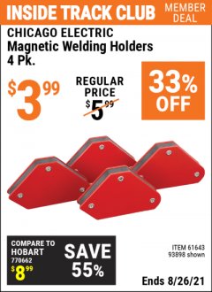 Harbor Freight ITC Coupon 4 PIECE MAGNETIC WELDING HOLDERS Lot No. 61643/93898 Expired: 8/26/21 - $3.99