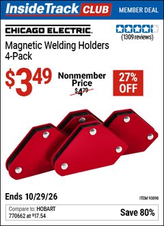 Harbor Freight ITC Coupon CHICAGO ELECTRIC MAGNETIC WELDING HOLDERS, 4-PACK Lot No. 93898 Valid Thru: 10/29/26 - $3.49