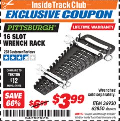 Harbor Freight ITC Coupon 16 SLOT WRENCH RACK Lot No. 36930/62850 Expired: 2/29/20 - $3.99