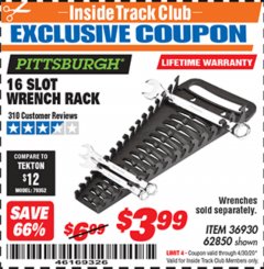 Harbor Freight ITC Coupon 16 SLOT WRENCH RACK Lot No. 36930/62850 Expired: 4/30/20 - $3.99