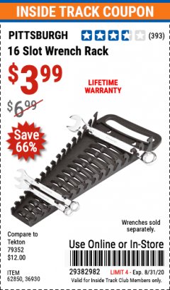 Harbor Freight ITC Coupon 16 SLOT WRENCH RACK Lot No. 36930/62850 Expired: 8/31/20 - $3.99