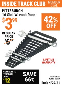 Harbor Freight ITC Coupon 16 SLOT WRENCH RACK Lot No. 36930/62850 Expired: 3/29/21 - $3.99