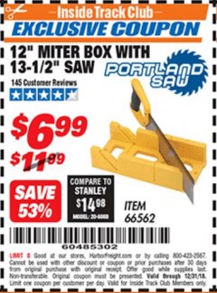 Harbor Freight ITC Coupon 12" MITER BOX WITH 13-1/2" SAW Lot No. 66562 Expired: 12/31/18 - $6.99