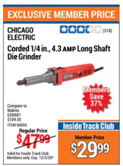 Harbor Freight ITC Coupon 1/4" HEAVY DUTY LONG SHAFT DIE GRINDER Lot No. 60656/44141 Expired: 12/3/20 - $29.99