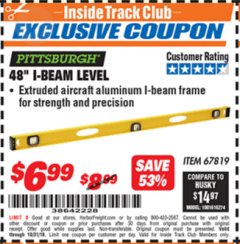 Harbor Freight ITC Coupon PITTSBURGH 48 IN. I-BEAM LEVEL Lot No. 67819 Expired: 10/31/18 - $6.99