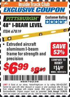 Harbor Freight ITC Coupon PITTSBURGH 48 IN. I-BEAM LEVEL Lot No. 67819 Expired: 11/30/18 - $6.99